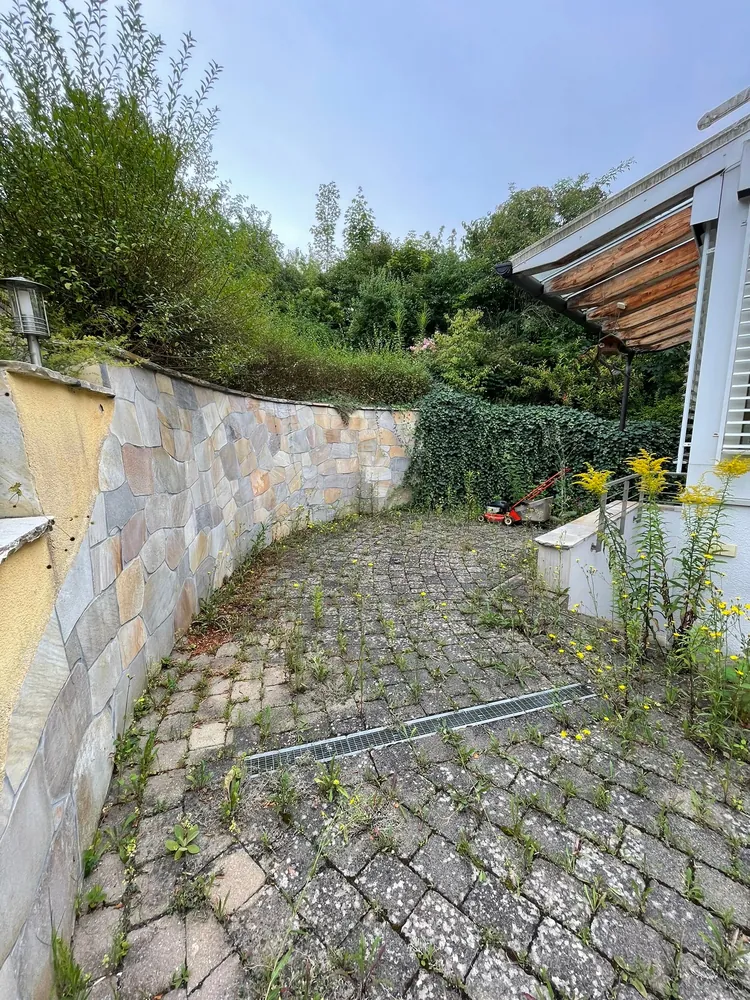 Gepflasterte Fläche mit Unkraut vor der Gartenarbeit